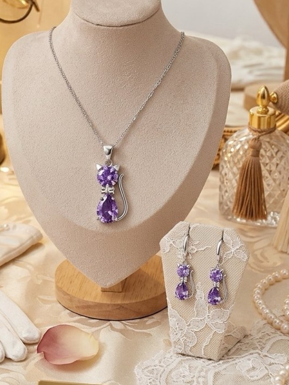 Sterling Silver Purple Bling Cat Jewelry Set Coquette Whimsygoth Cat Mom Glam
